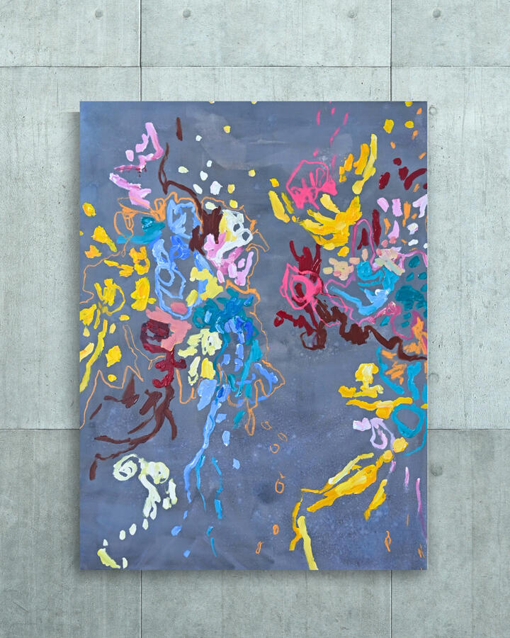 Embracing Neon Nights and Rain&#39;s Lullaby, 2024 48&quot;x36&quot; (Acrylic and oil pastel on canvas)