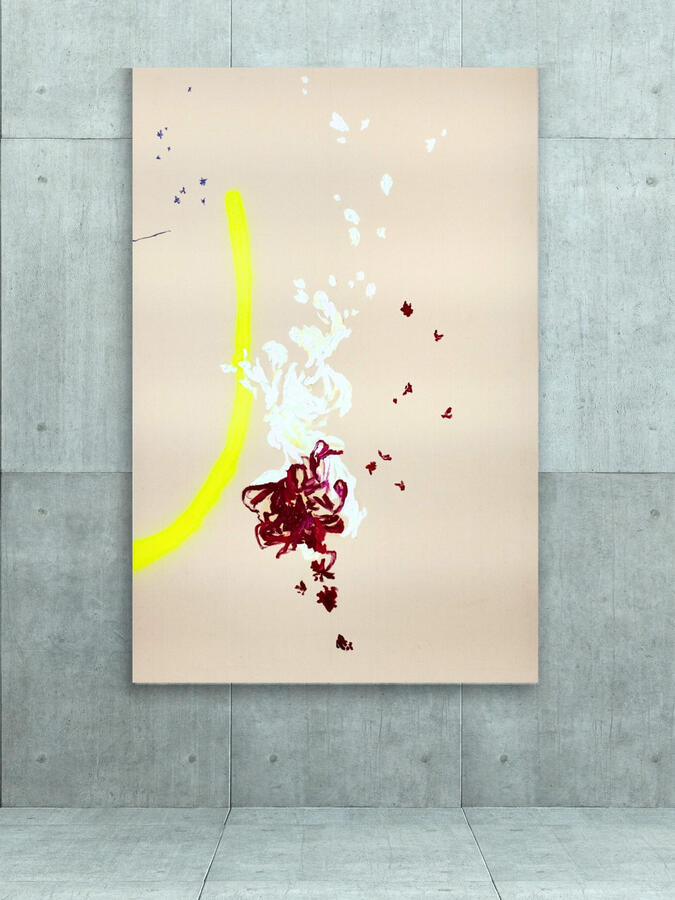 The Wind Carried My Shape into Another Version of Me, 2025, 68&quot;x45&quot; (oil, spray paint and marker on canvas)