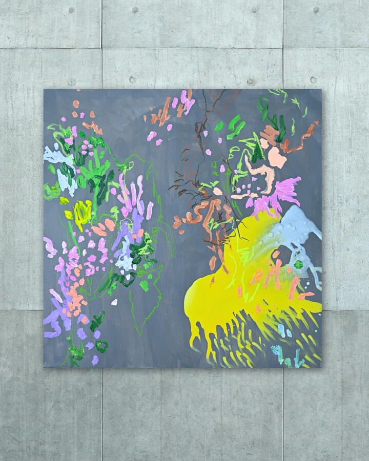 Grey Skies and Colorful Dreams in the Heart of the Rain, 2024 39&quot;x39&quot; (Acrylic and oil pastel on canvas)