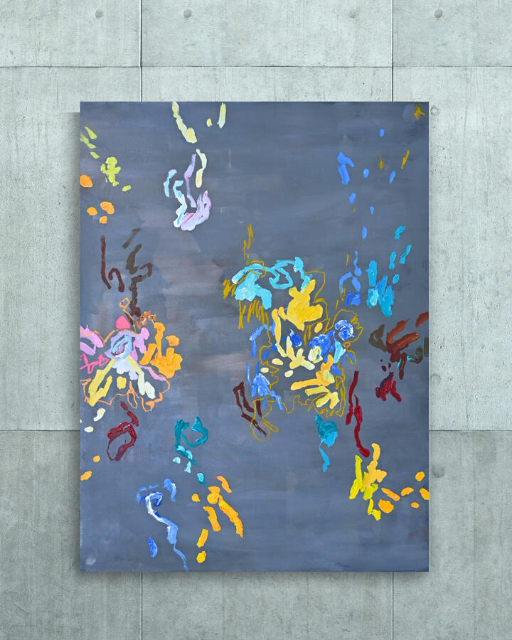 Neon Dreams Beneath Grey Skies, 2024 48&quot;x36&quot; (Acrylic and oil pastel on canvas)