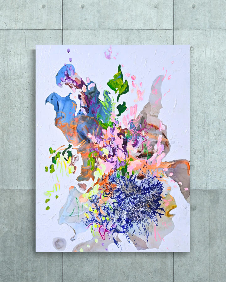 Blossoming beneath the Skyline, 2025 48&quot;x36&quot; (Acrylic, marker and oil pastel on canvas)