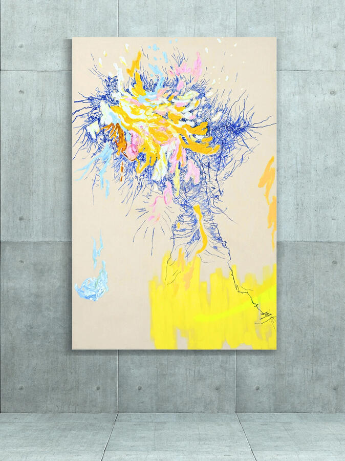 The Earth Was Humming in a Language I Almost Understood, 2025, 68&quot;x45&quot; (oil, spray paint and marker on canvas)