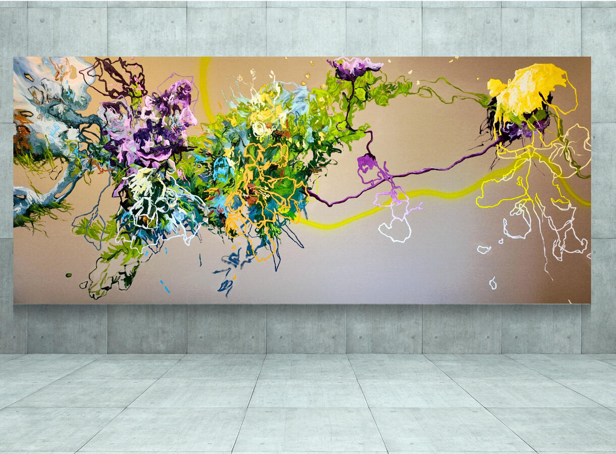 In the Land where wild colours Rise from the Heat, 2025, oil, acrylic and spraypaint on Linen, 75x177 inches